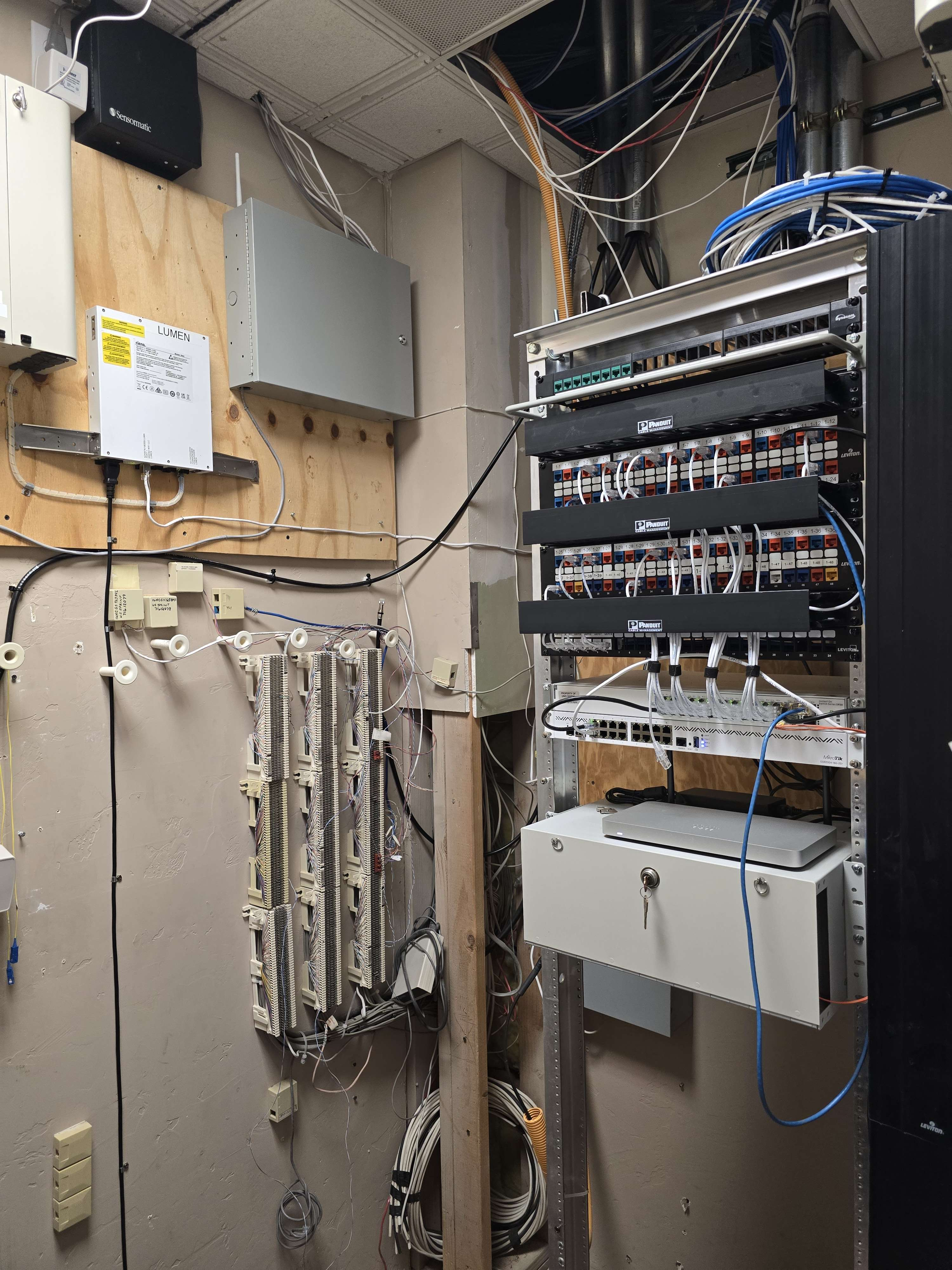 Commercial network rack with structured cabling and dedicated circuit handoff